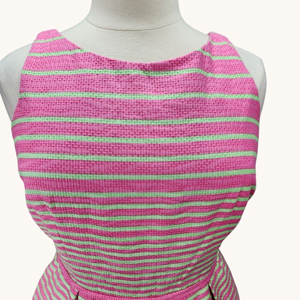 NWT Taylor Womens 14 Fit Flare Dress Pink Green Stripe Pleated Pocket Sleeveless - Picture 3 of 16
